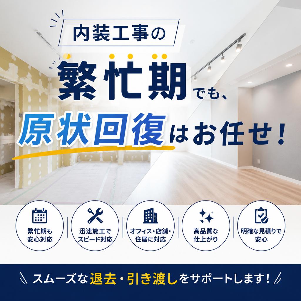 内装工事の繁忙期でも、原状回復はお任せ！